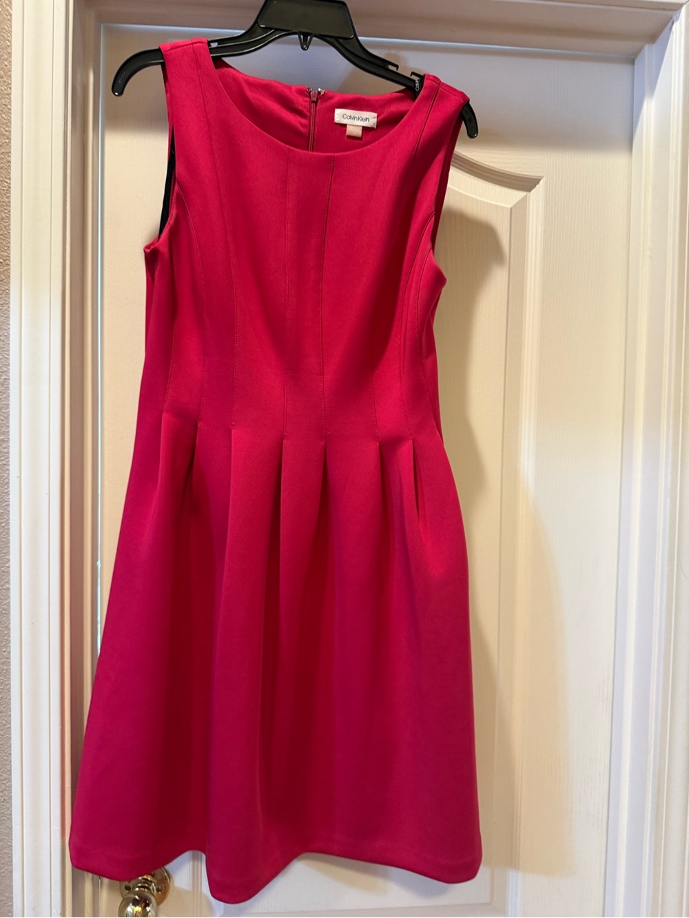 Calvin Klein Sleeveless Fitted Pleated Dress in Fuchsia